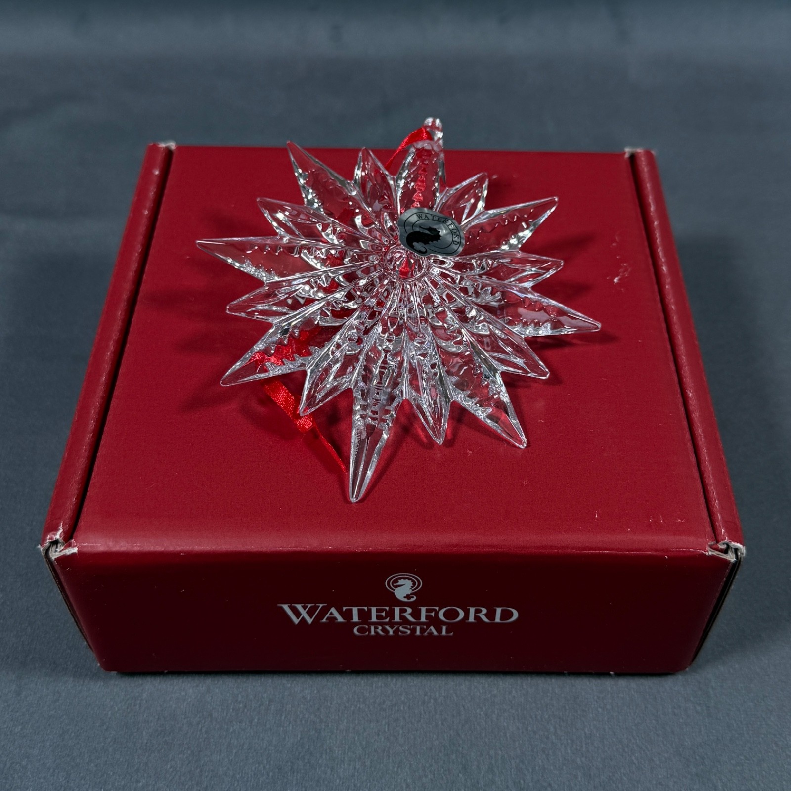 Waterford Crystal Star Christmas Ornament 4\' NEW Red Ribbon Holiday Decor Waterford Crystal Star Christmas Ornament 4\' NEW Red Ribbon Holiday Decor