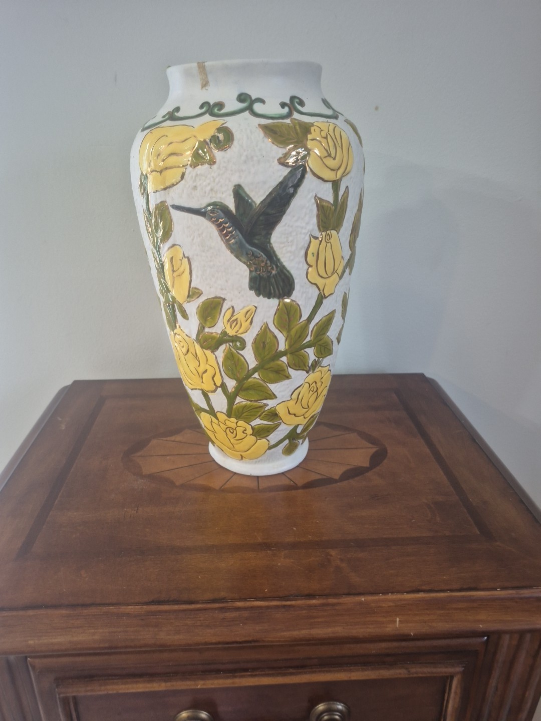 Vintage Hand Painted 13.5 Inch Hummingbird And Floral Vase 1976 Signed By Artist
