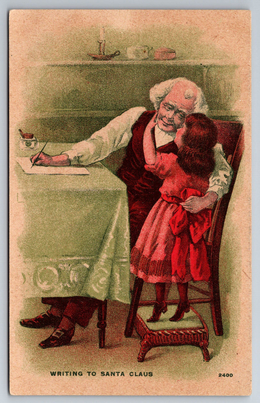 Vintage Postcard Little Girl Old Man Writing Letter to Santa Claus c19110 ~7522
