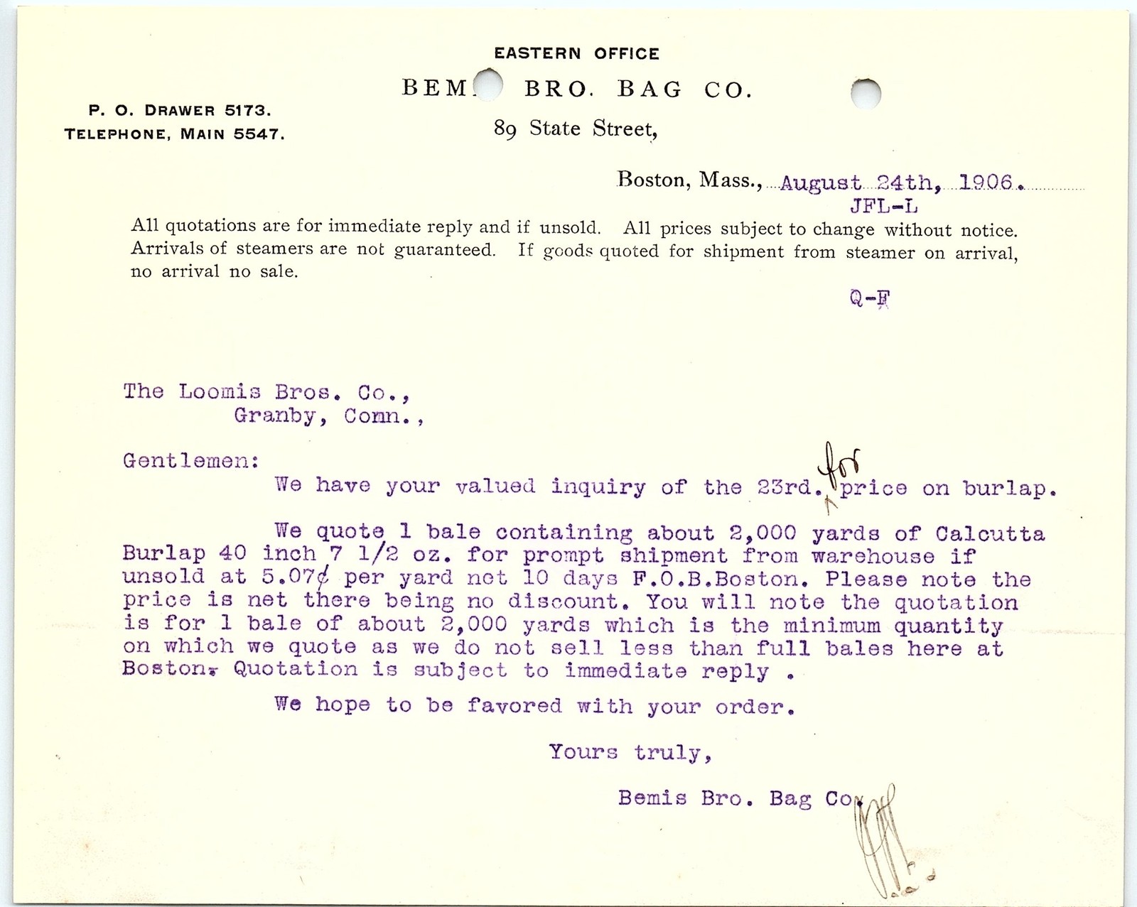 1906 Bemis Bro. Bag Co. Burlap Quote Letter, Boston 1906 Bemis Bro. Bag Co. Burlap Quote Letter, Boston