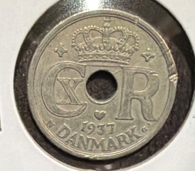 1937(h) N;GJ Denmark 25 Ore Copper Nickel WW II Era Coin-Christian X -KM#823.2 1937(h) N;GJ Denmark 25 Ore Copper Nickel WW II Era Coin-Christian X -KM#823.2