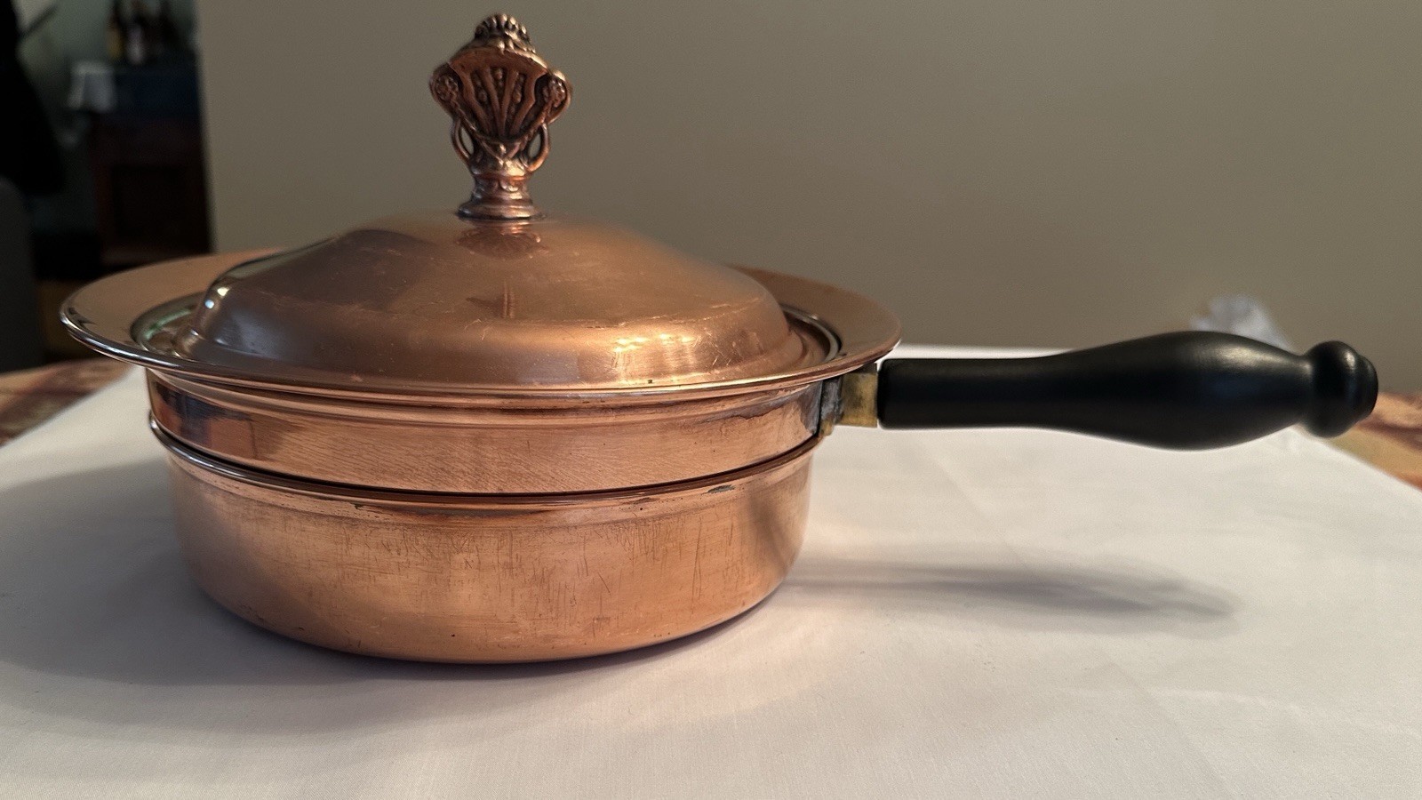 Vintage 3 Piece Copper Frying Pan Double Boiler Lid Wood Handle Saute Kitchen Vintage 3 Piece Copper Frying Pan Double Boiler Lid Wood Handle Saute Kitchen