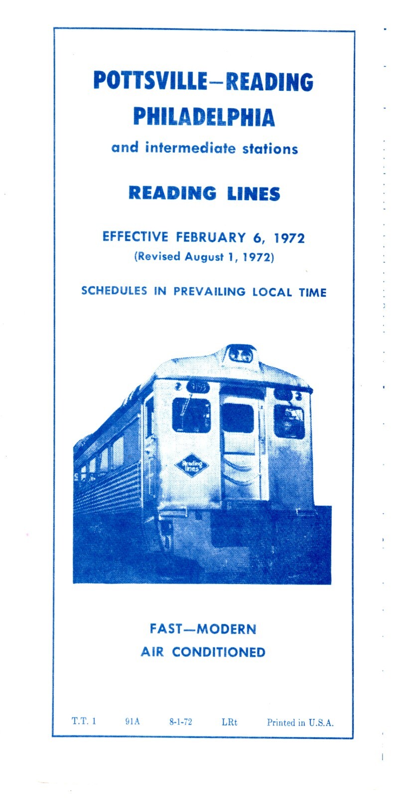 READING RAILROAD - PHILADELPHIA TO READING & POTTSVILLE PUBLIC TT - 8/1/1972