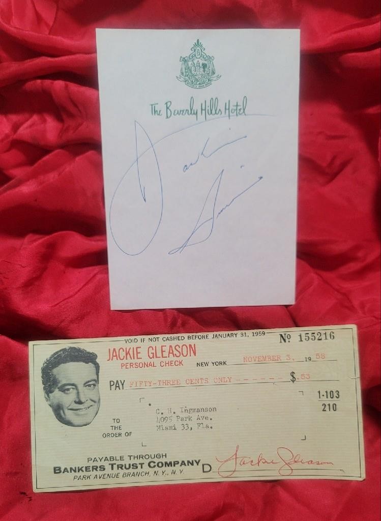 Jackie Gleason Autograph Beverly Hills Hotel Note Pad Sheet with Check Jackie Gleason Autograph Beverly Hills Hotel Note Pad Sheet with Check
