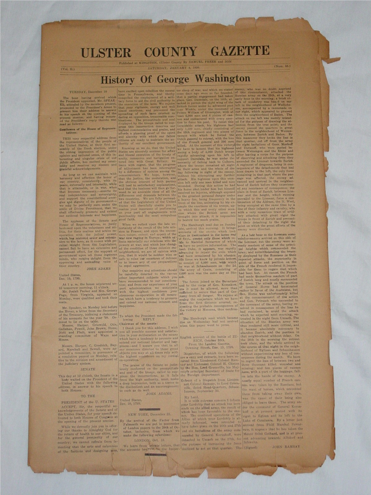 7 ANTIQUE 1920's REPRINT ULSTER COUNTY GAZETTE GEORGE WASHINGTON JAN. 4, 1800 7 ANTIQUE 1920's REPRINT ULSTER COUNTY GAZETTE GEORGE WASHINGTON JAN. 4, 1800