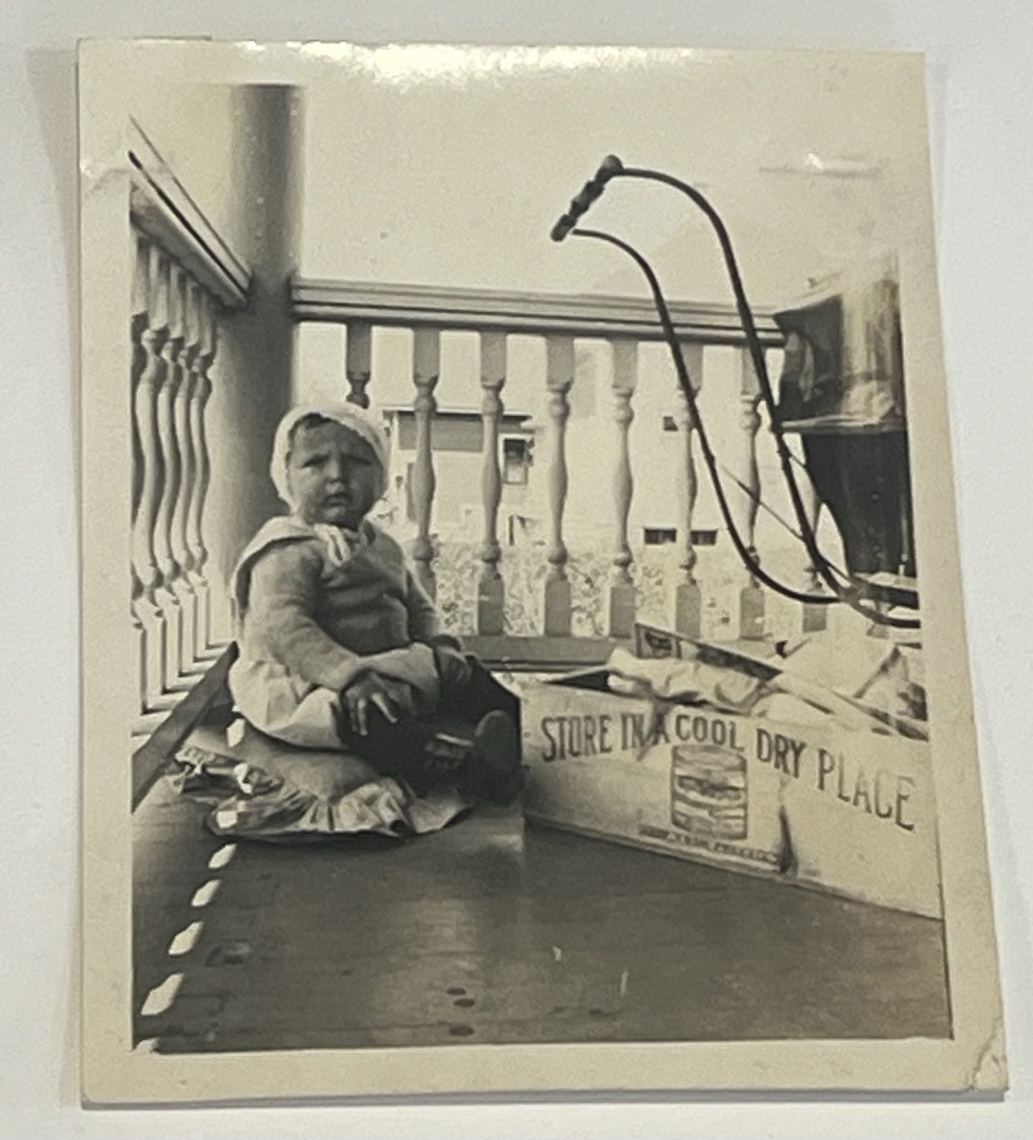 Vintage 1910s Photo Baby with Antique Store In A Cool Dry Place Crate Stroller Vintage 1910s Photo Baby with Antique Store In A Cool Dry Place Crate Stroller
