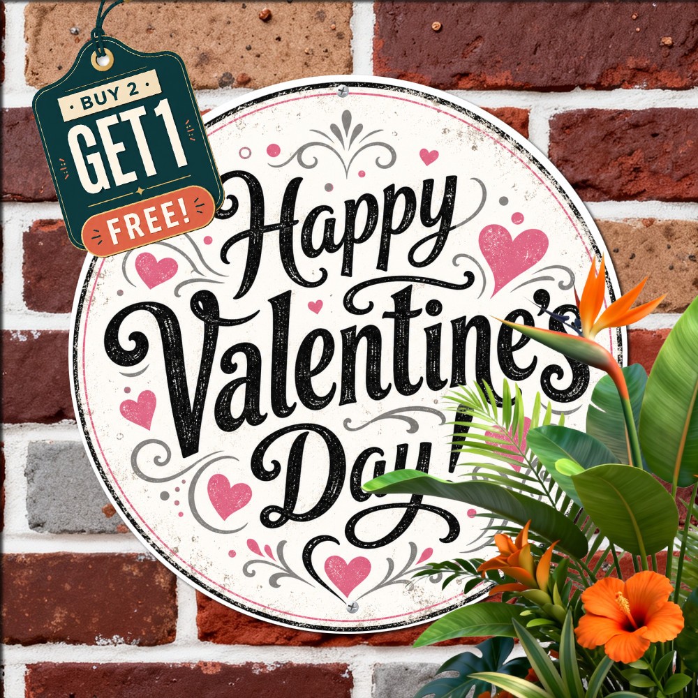 Happy Valentines Day Romantic Cupids Red Hearts Round Metal Tin Sign Plaque