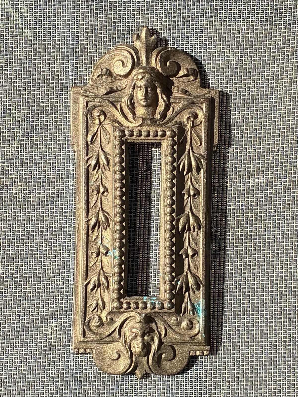 Antique Heavy Cast Bronze Thermometer Frame—Lady & Lion Faces—Art Nouveau