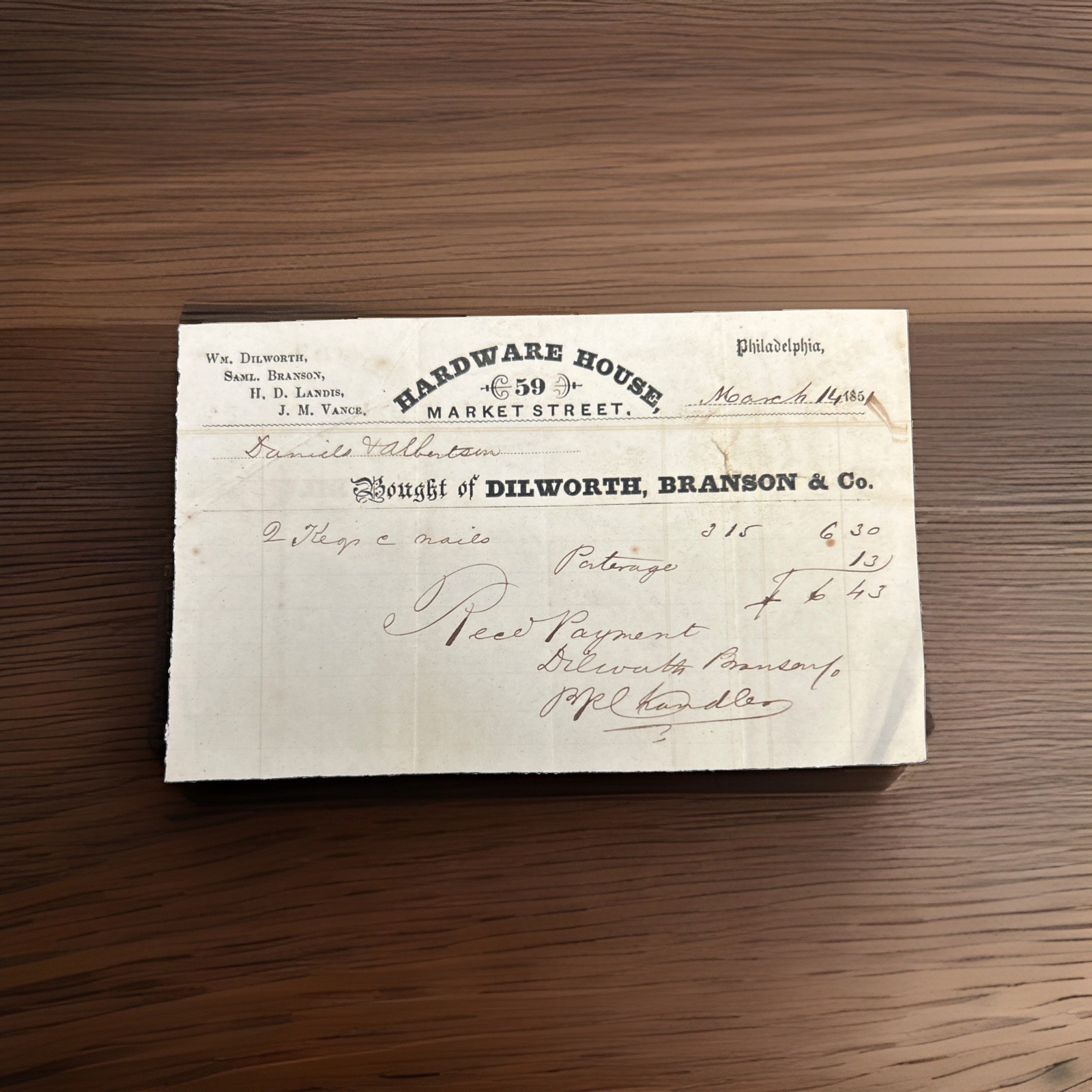 1851 Philadelphia Hardware Store Bill Head Dilworth Branson Nails Receipt