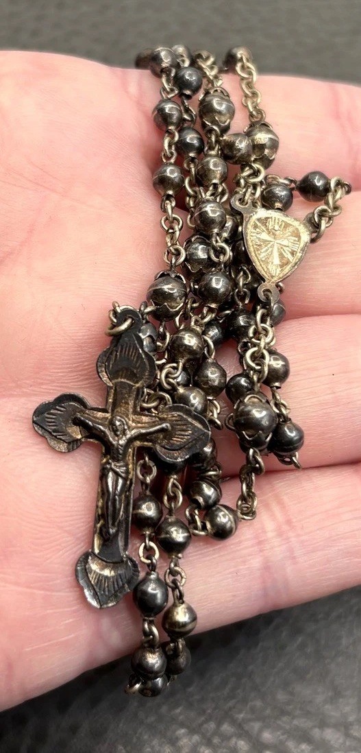 VTG Antique Oxidized Patina 800 Silver Rosary Bead Necklace Crucifix Pendant 21”