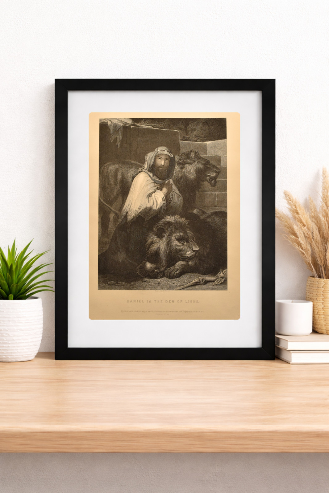 Framed 1884 Holman Bible illustration- Daniel in the Lions’ Den