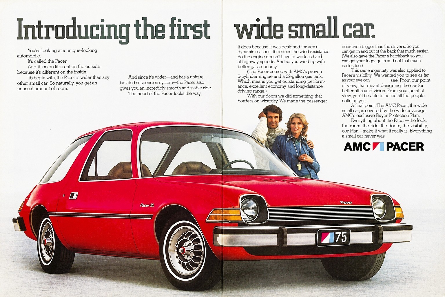 AMC Pacer Wide Small Car Red Automobile 1975 Introduction Vtg Magazine Print Ad