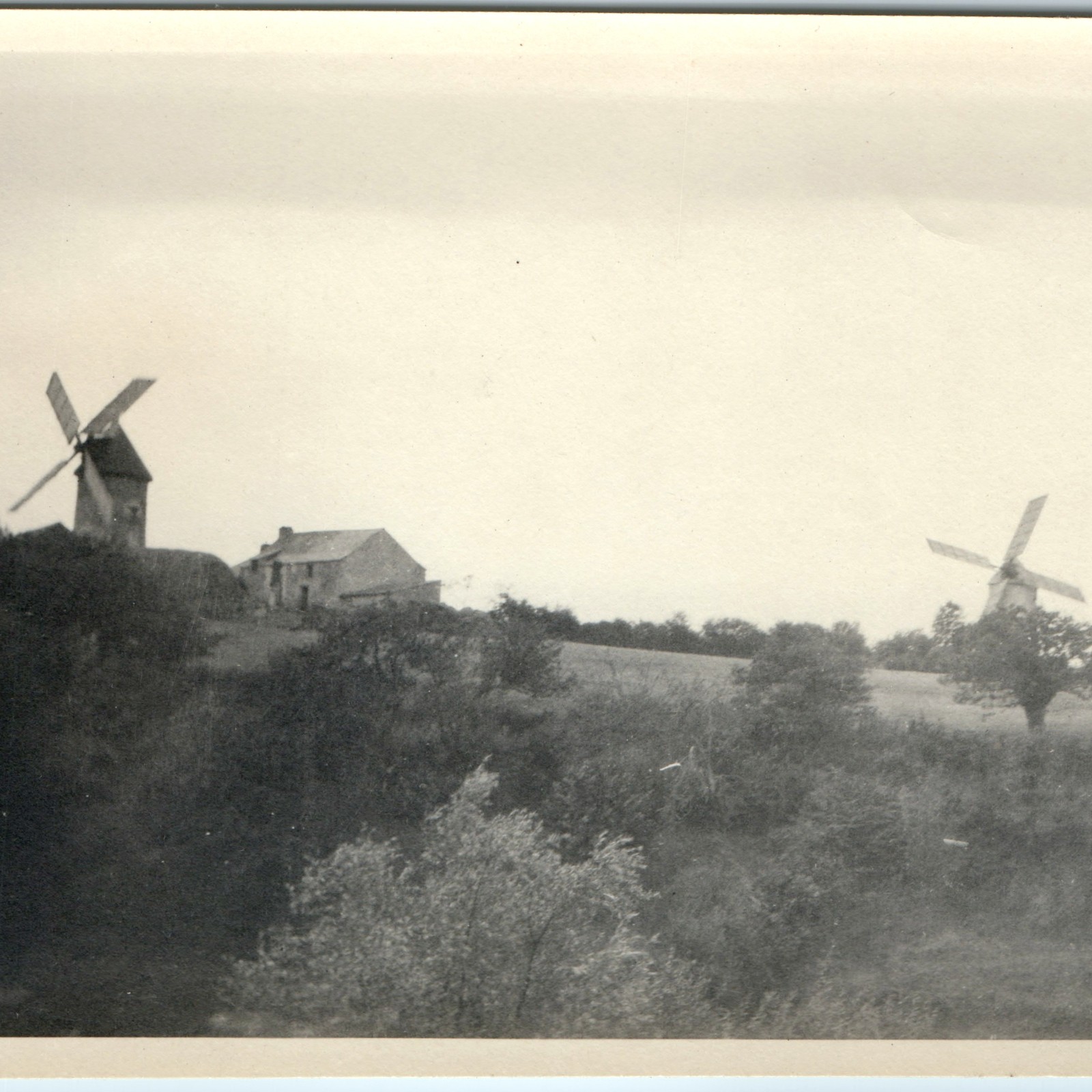 c1910s Savenay France Snapshot Photo Two Windmills Rural Landscape WWI Era Vtg