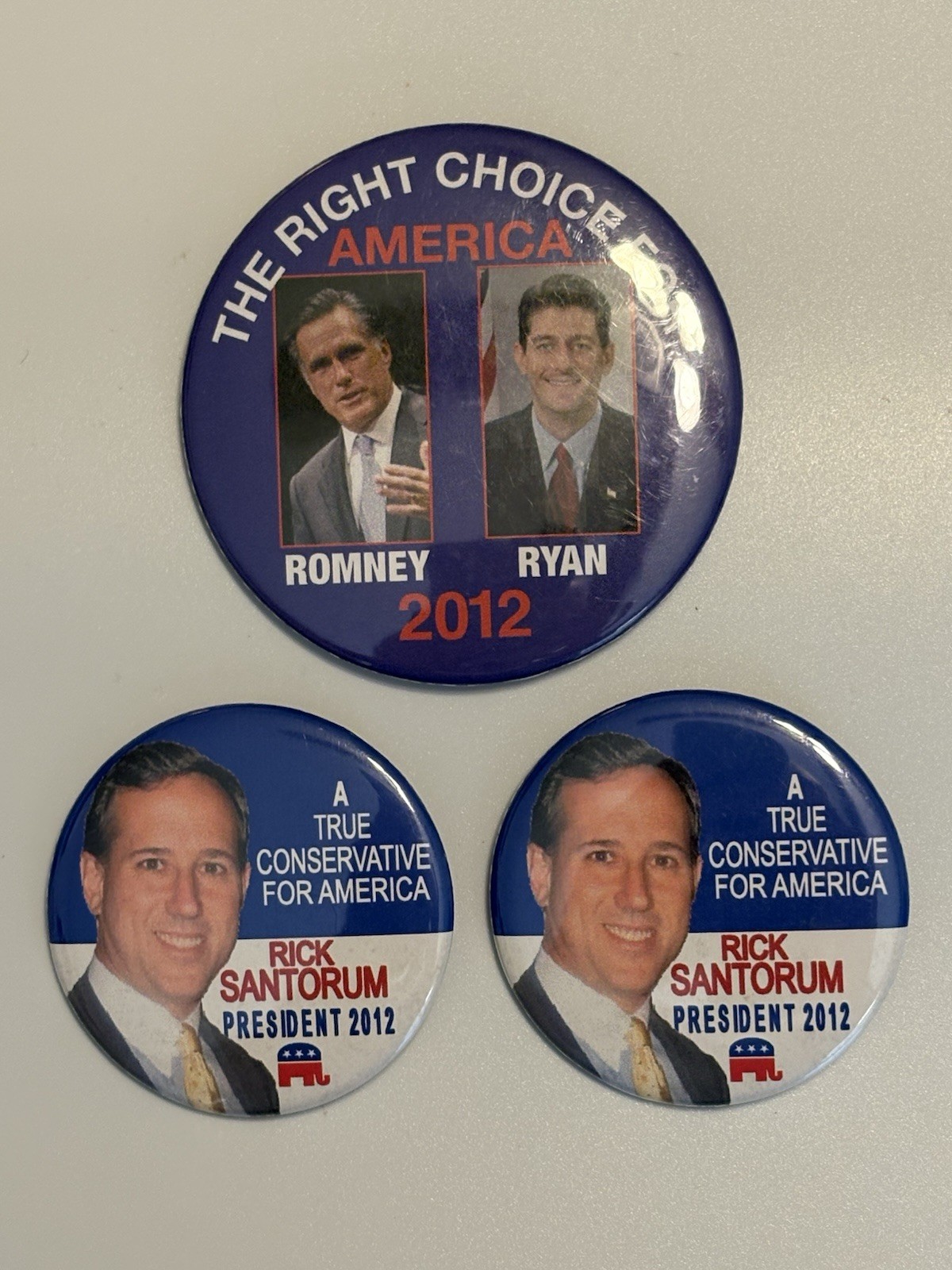2012 Romney Ryan & Rick Santorum Campaign Buttons 3-Piece Republican Lot