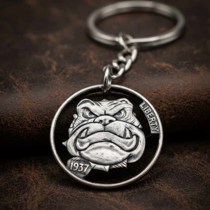 1937 Hobo Nickel Cut Coin Keychain The Junkyard Bulldog Custom American US Art