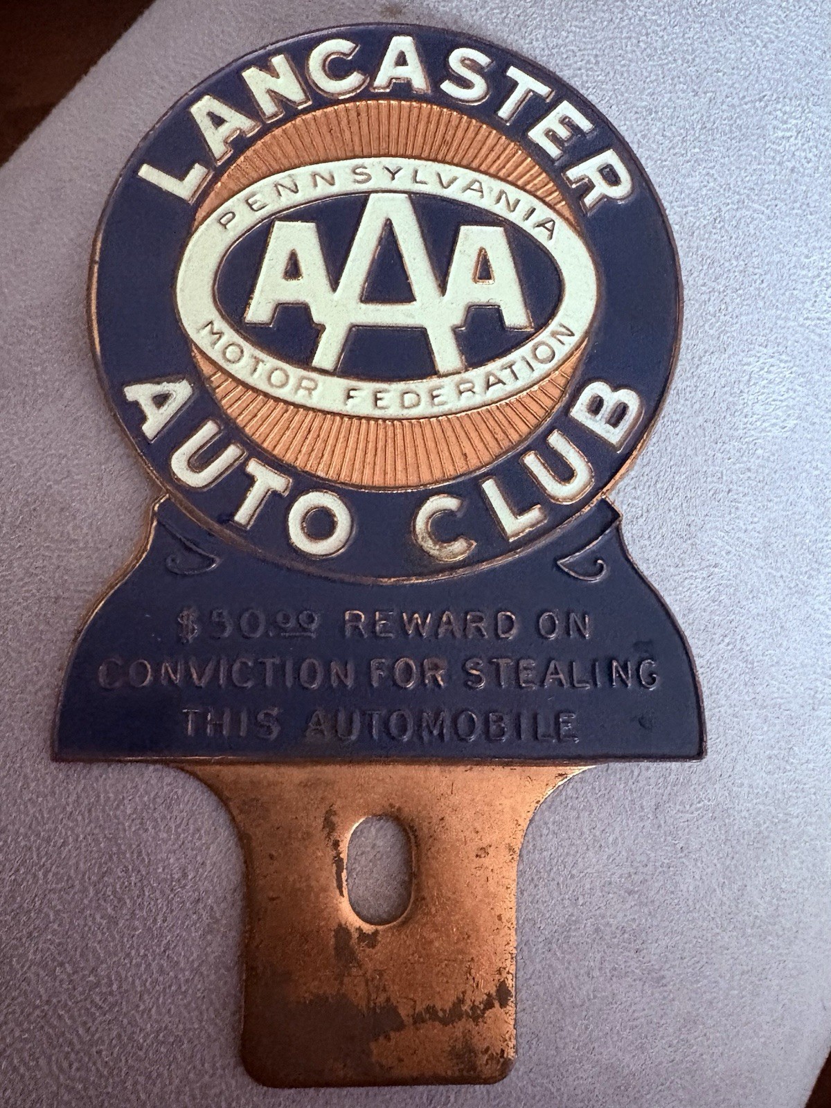 Vintage AAA License Plate Topper Automobile Club Lancaster PA Brass Vintage AAA License Plate Topper Automobile Club Lancaster PA Brass