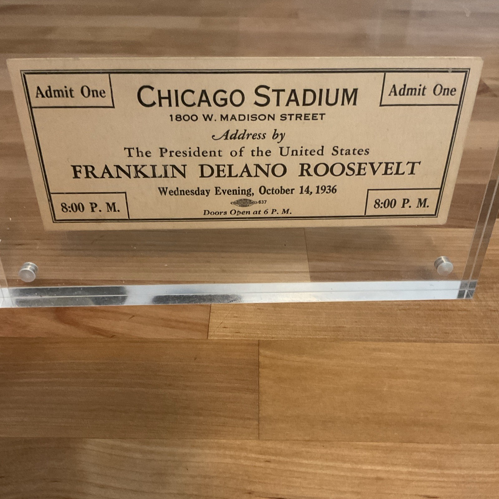Chicago Stadium Admit One Ticket, Franklin D. Roosevelt Address, Oct 14 1936 Chicago Stadium Admit One Ticket, Franklin D. Roosevelt Address, Oct 14 1936