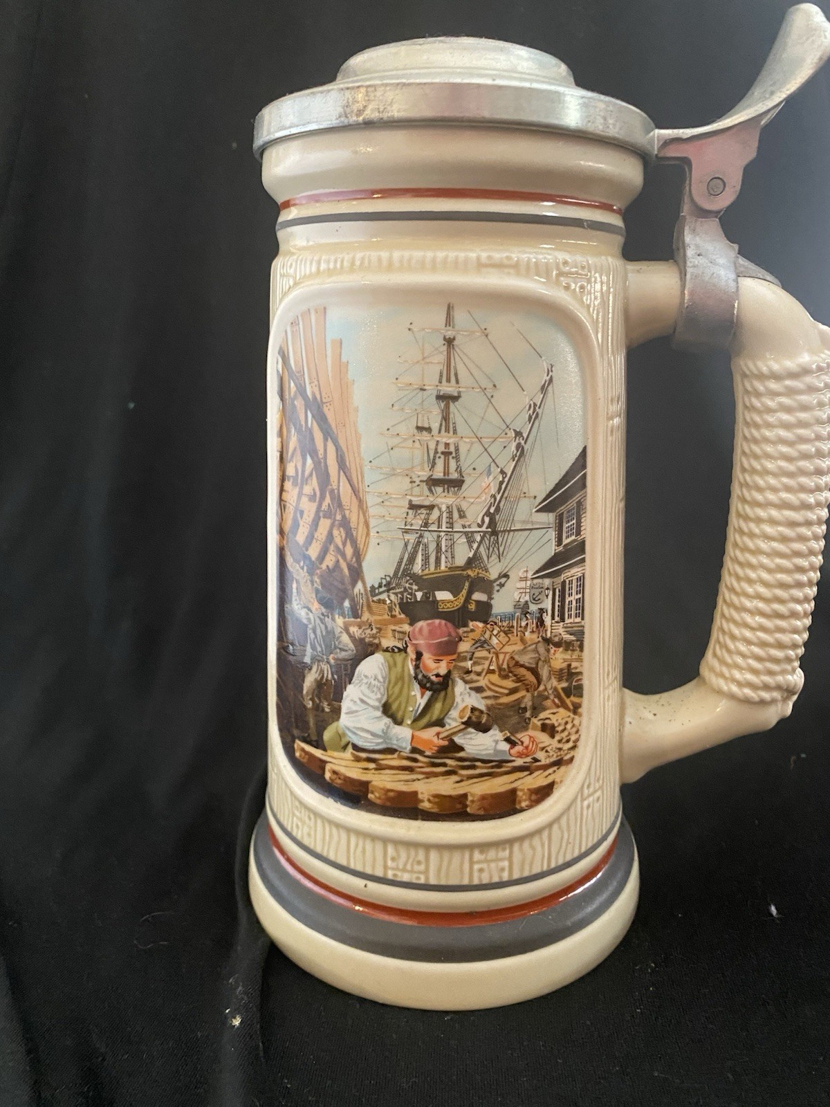 German-style lidded beer stein – “Shipyard / Maritime Scene”