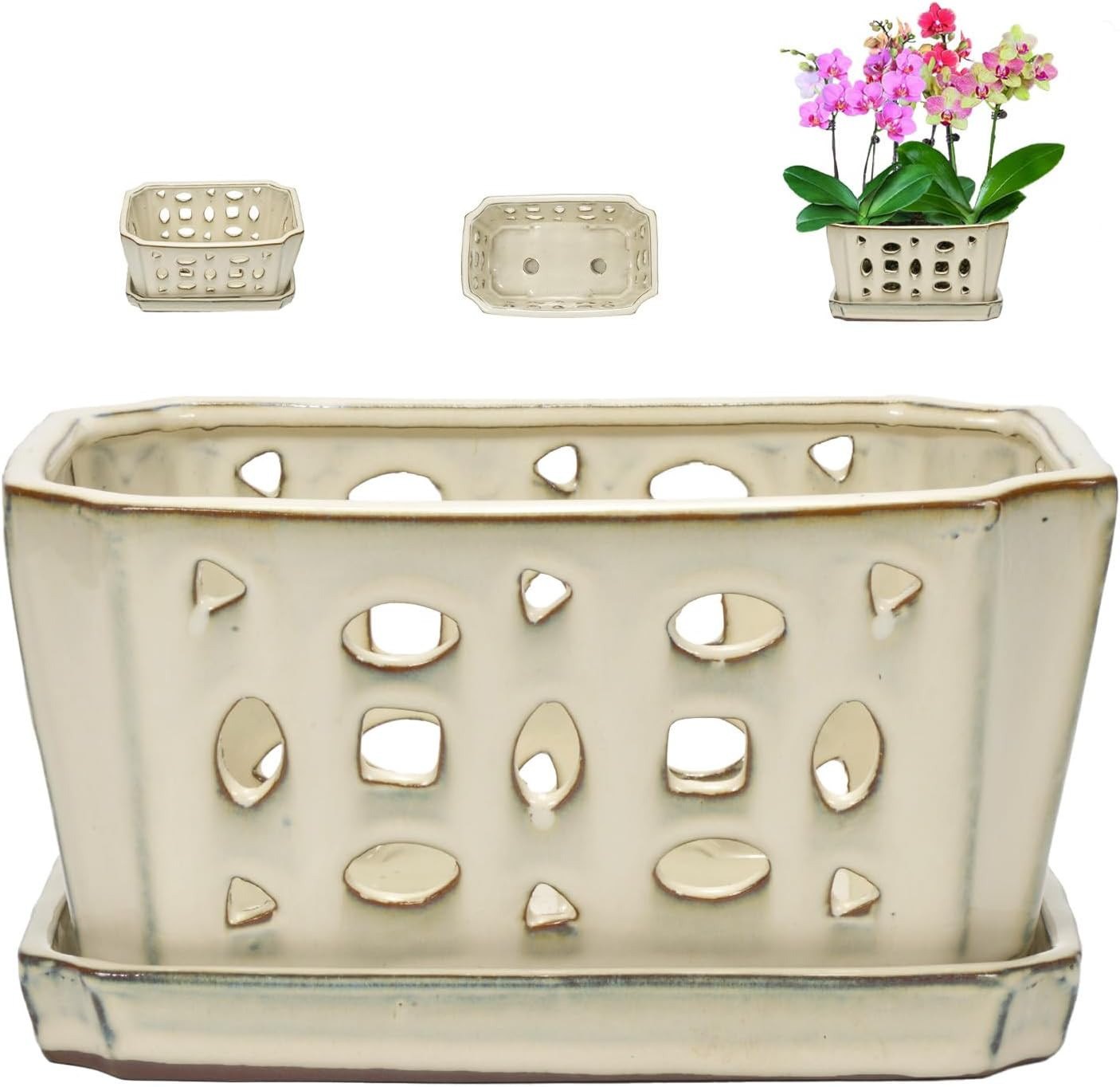 Orchid Pot with Holes and Saucer for Repotting, Cream White, 9.7 Inch