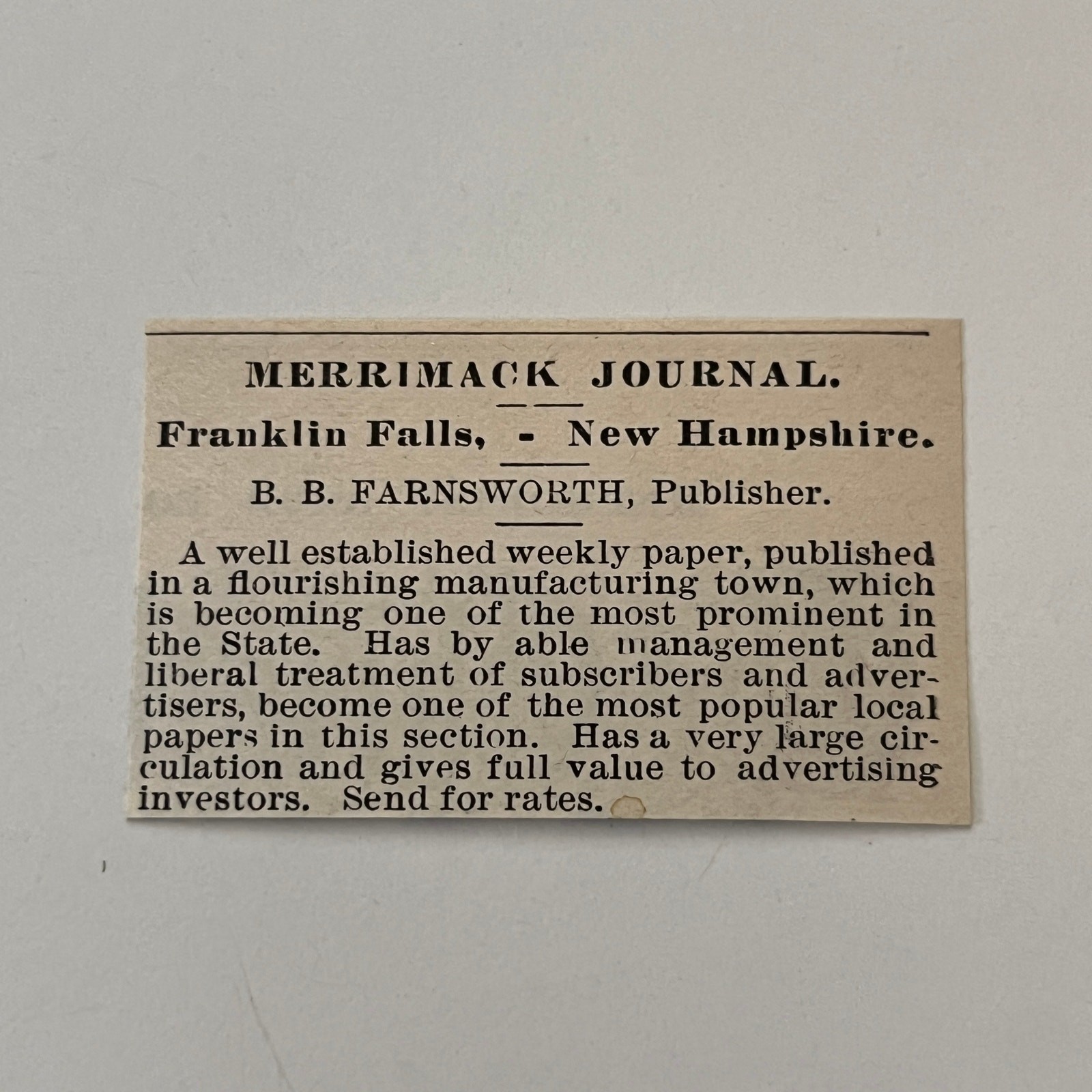 Merrimack Journal B. B. Farnsworth Franklin Falls NH 1890 Newspaper Ad SAI7-S11