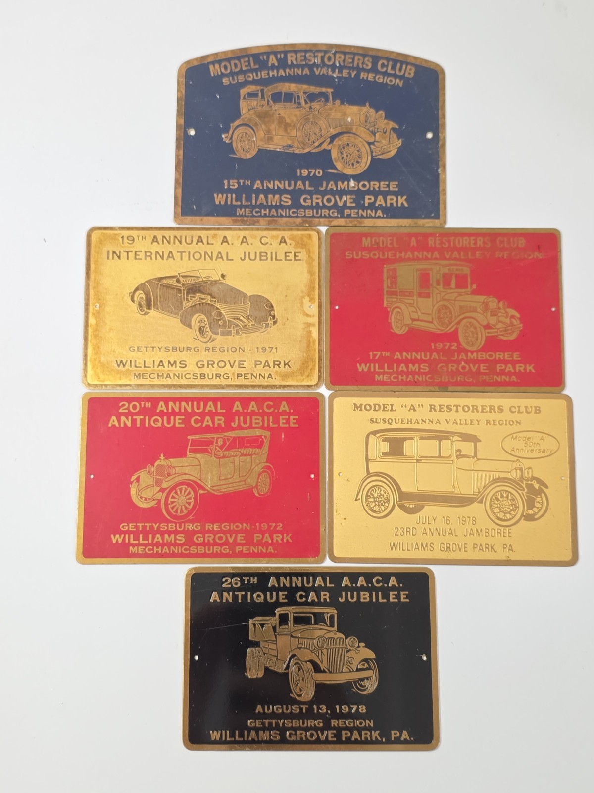 1970-78 Williams Grove PA AACA Model A Restorers Club Dash Plaques Lot of 6 1970-78 Williams Grove PA AACA Model A Restorers Club Dash Plaques Lot of 6