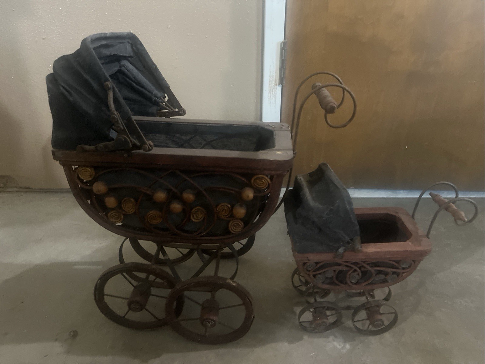 Antique Victorian Baby Doll Stroller Vintage Wicker Wood Iron. Set of 2