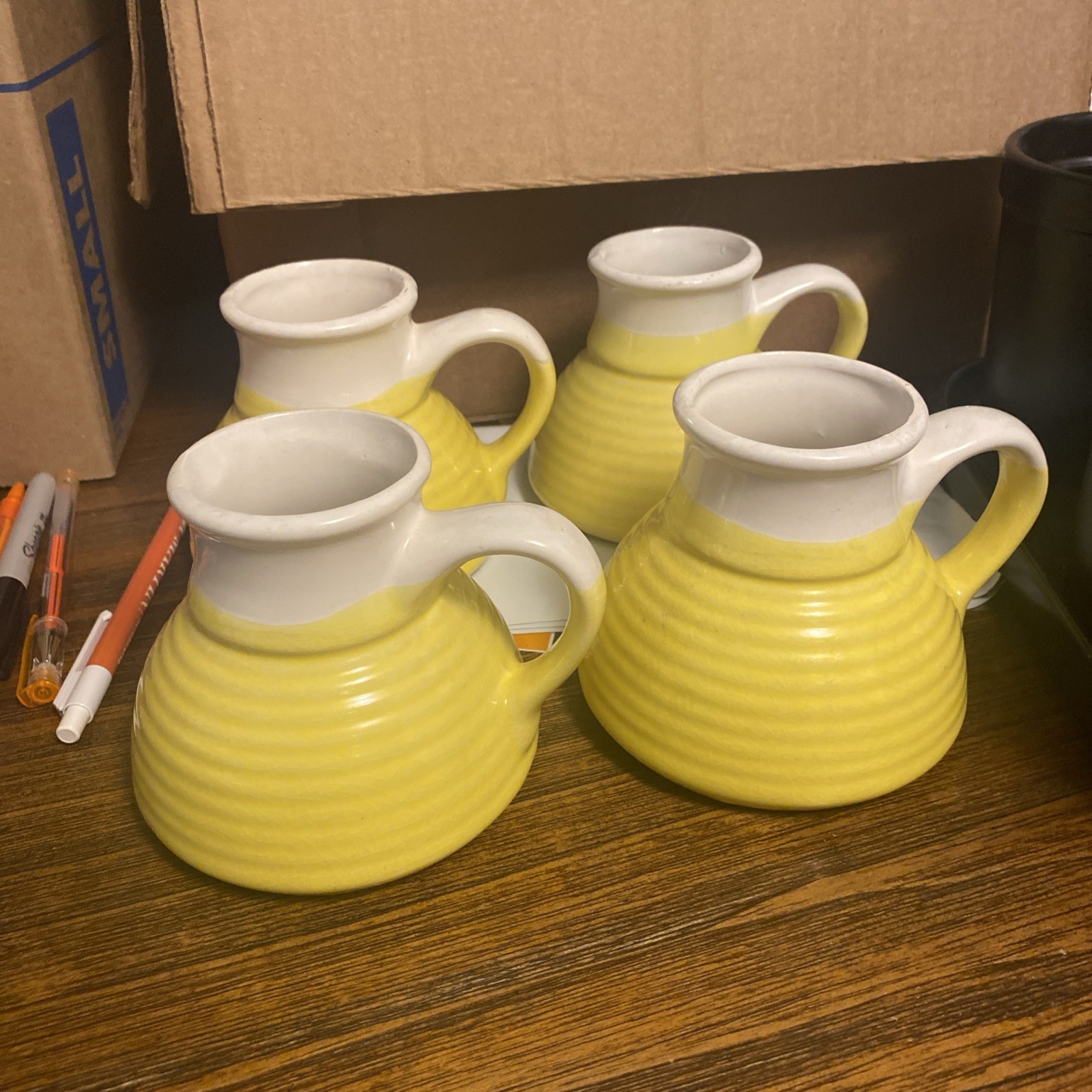 Vintage 1970s Beehive No Spill Pottery Mug Wide Bottom Volcano Travel Cup Yellow