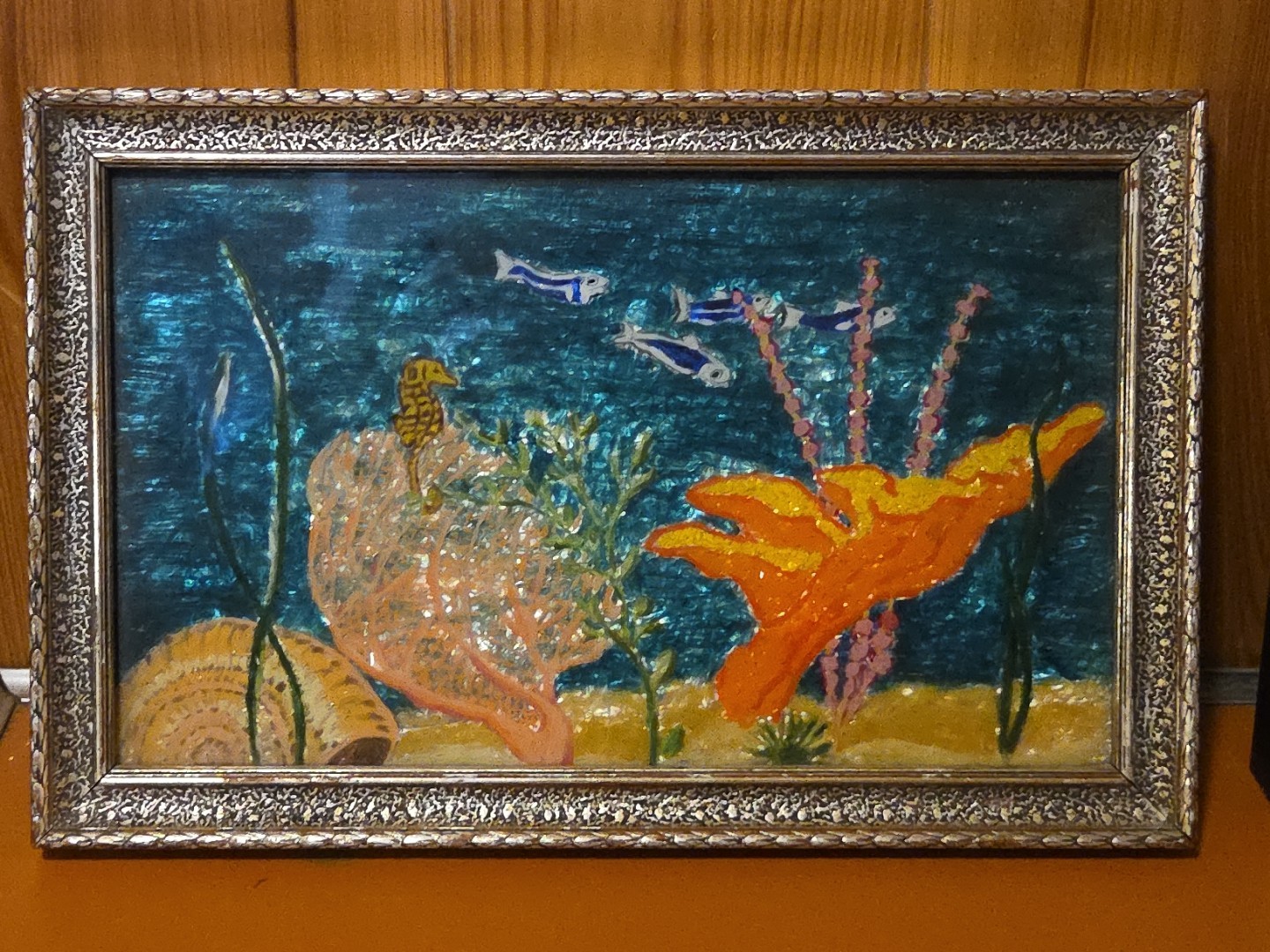 VTG 1956 MCM Ocean Sea Fish Framed Reverse Jewel Painting 7.5x11 Signed GM Ward