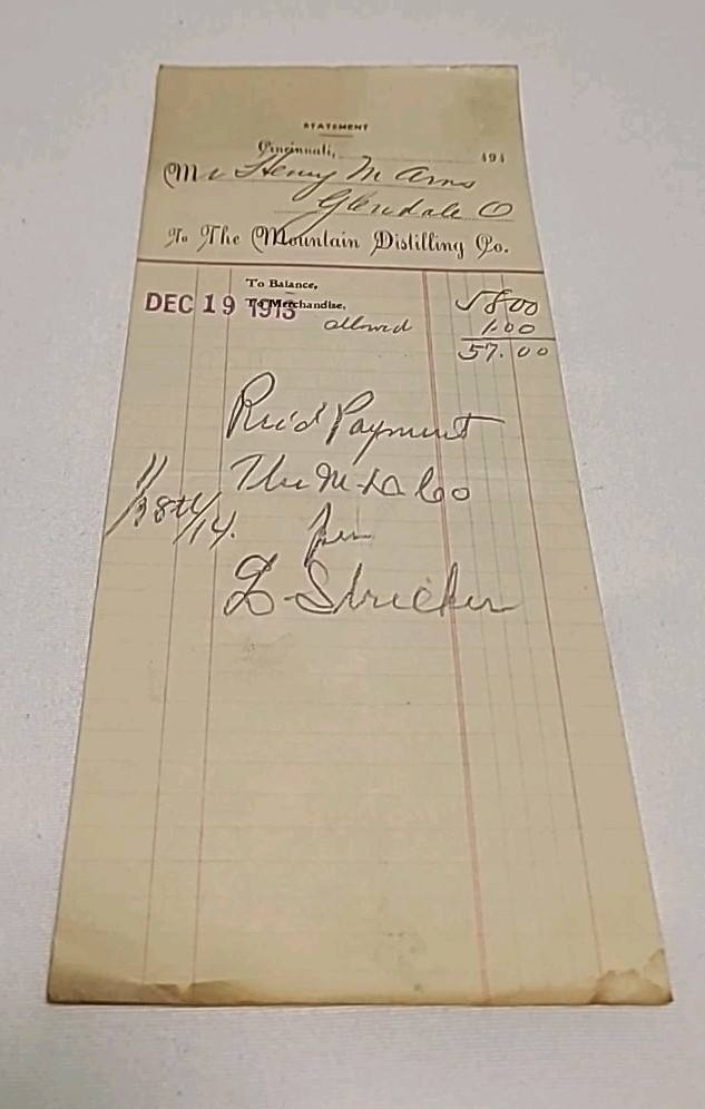 1913 Mountain Distilling Co. Billhead Receipt Cincinnati Ohio Ephemera Liquor... 1913 Mountain Distilling Co. Billhead Receipt Cincinnati Ohio Ephemera Liquor...
