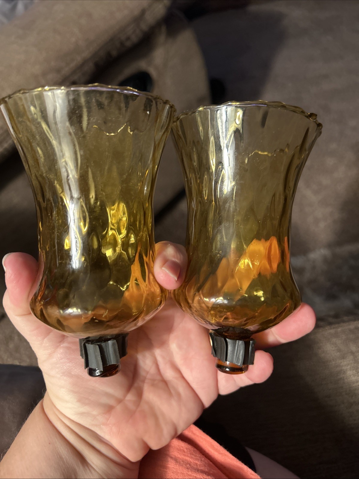 Vtg Set 2 Amber Glass Peg Candle Votive Cup Diamond Honeycomb 5.5in Tall Vtg Set 2 Amber Glass Peg Candle Votive Cup Diamond Honeycomb 5.5in Tall