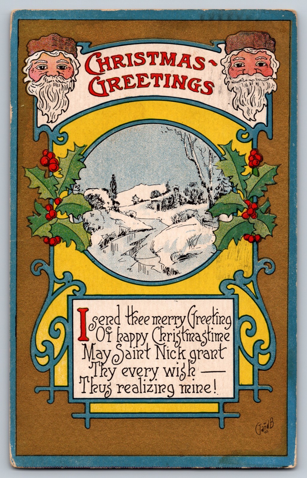 Santa Face Scroll, Saint Nick Grant Thy Wish, Posted 1908 Christmas Postcard Santa Face Scroll, Saint Nick Grant Thy Wish, Posted 1908 Christmas Postcard