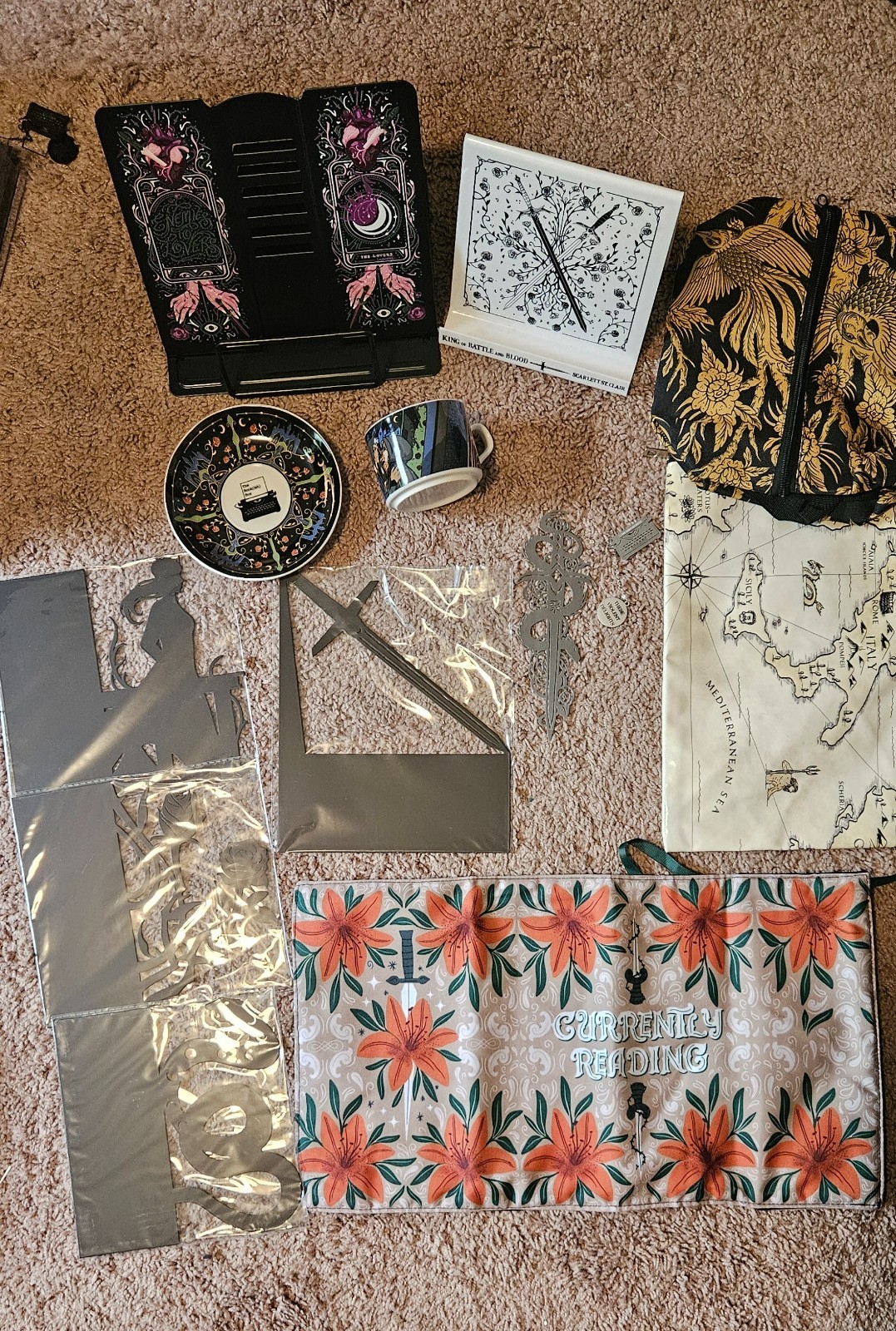 The Bookish Box Collectible Edition Merchandise/tea cup/bags/metal shelf designs