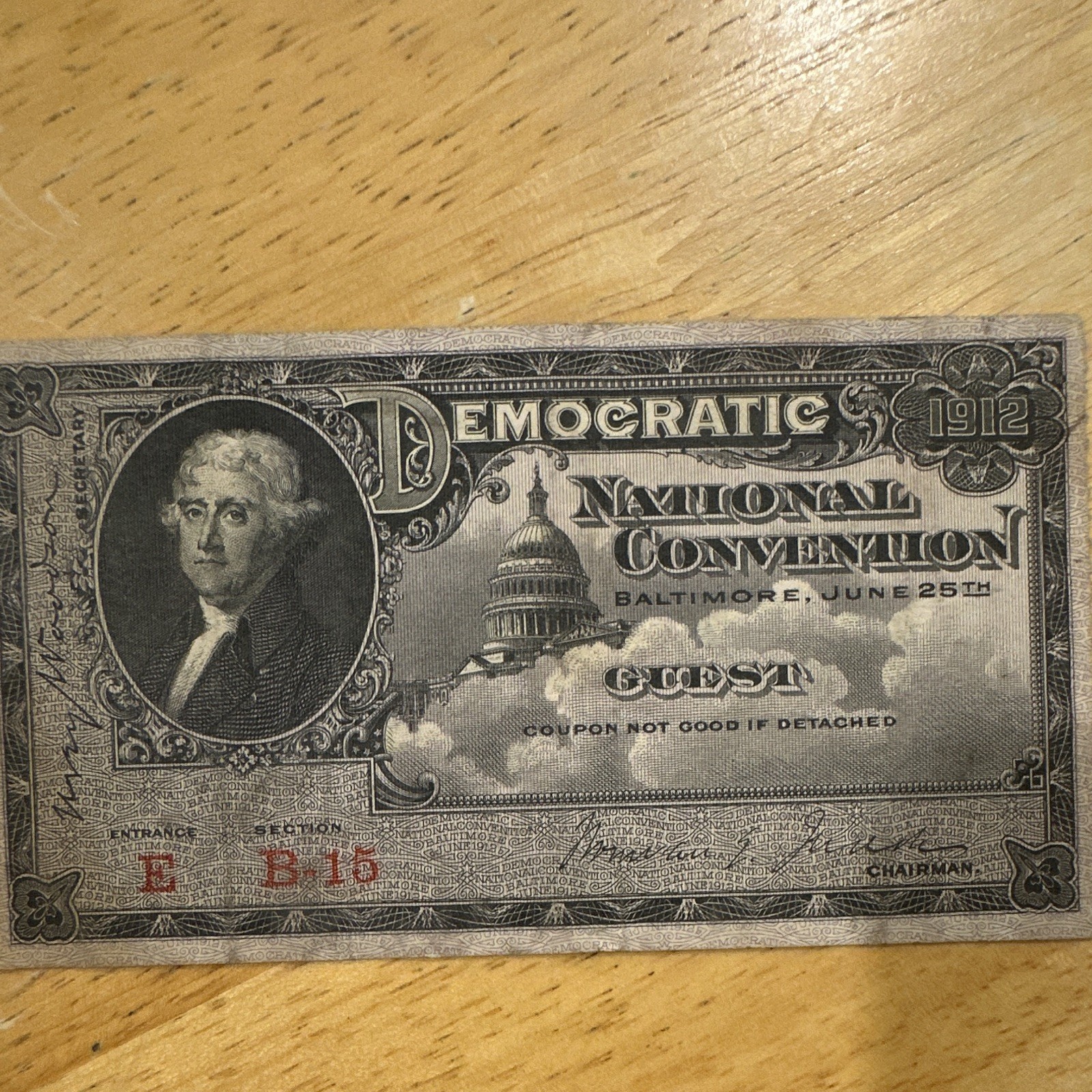 1912 Democratic National Convention Baltimore Guest Ticket/Coupon Paper Politics 1912 Democratic National Convention Baltimore Guest Ticket/Coupon Paper Politics