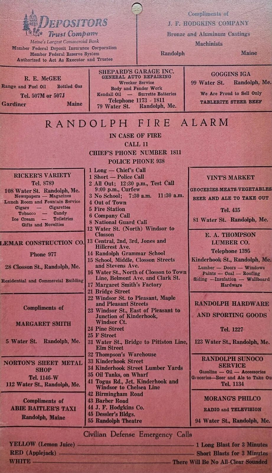 Randolph,Gardiner Maine, Telephone Fire Alarm Call Card 1955-65