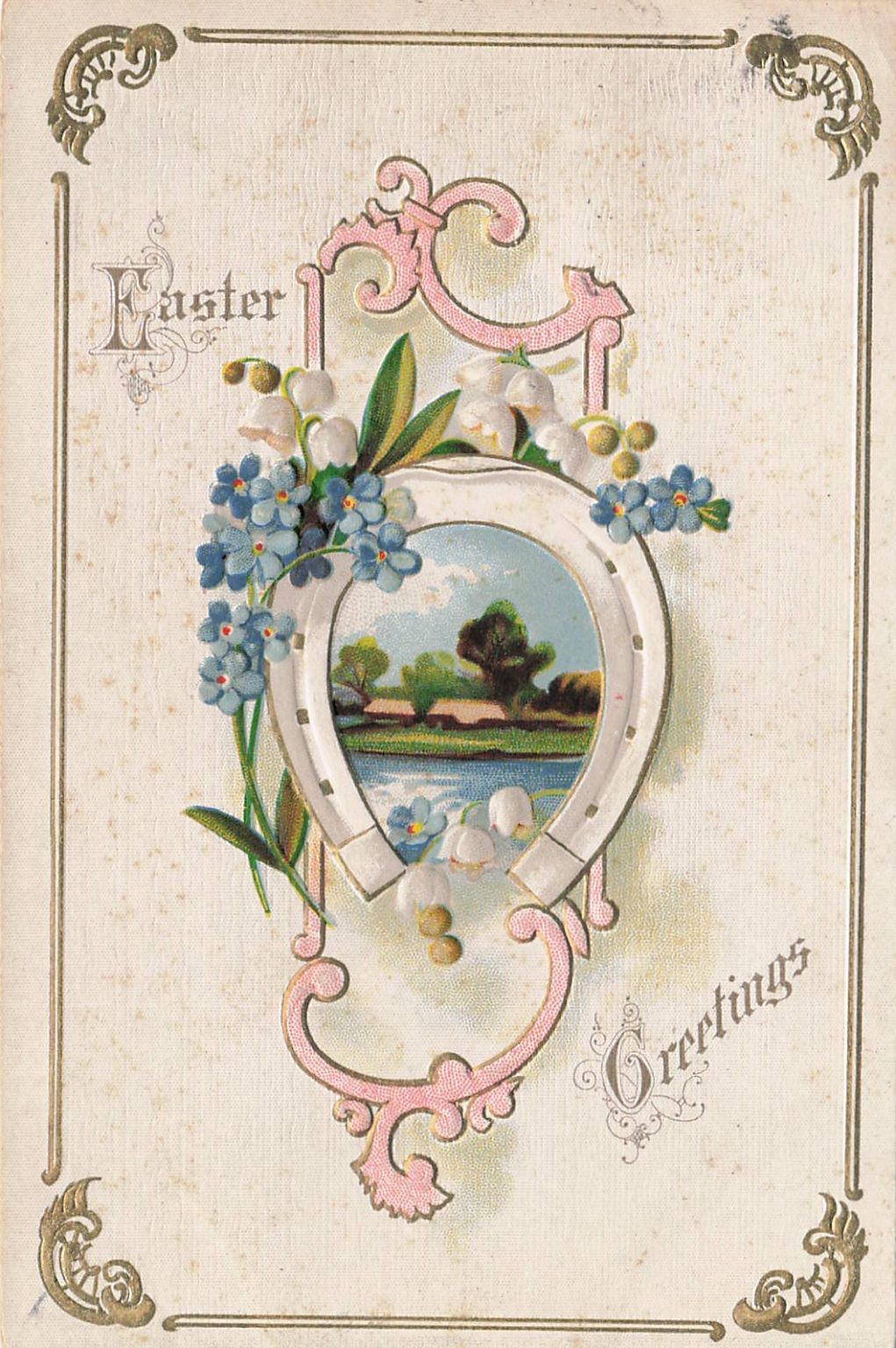 Antique 1910 Easter Greetings Postcard Horseshoe Flowers Embossed Waterloo NY Antique 1910 Easter Greetings Postcard Horseshoe Flowers Embossed Waterloo NY