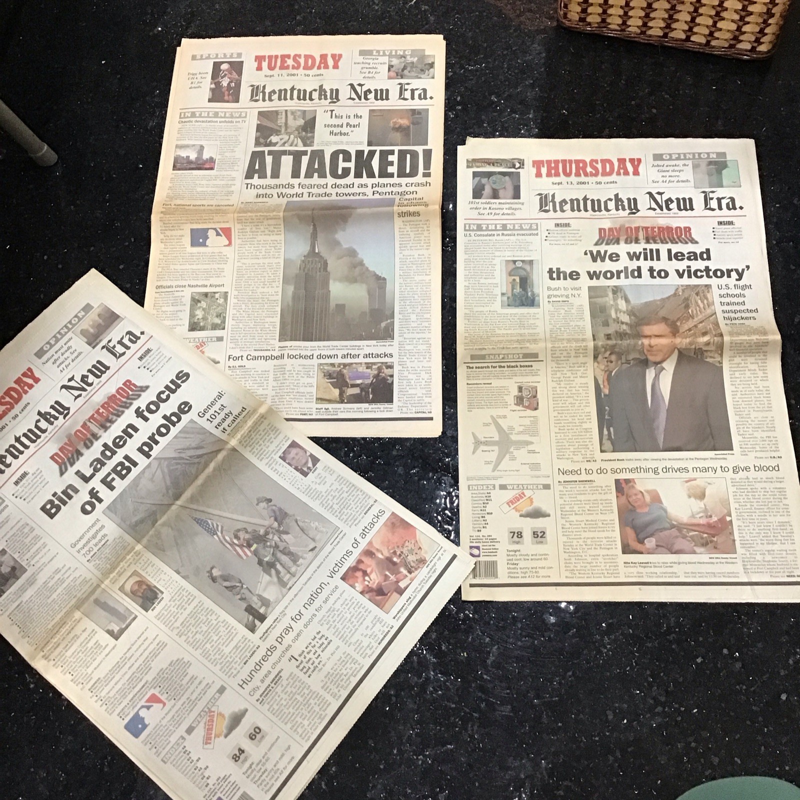 Kentucky New Era Newspaper Lot Sept 11-13 2001 9/11 Attacks Bin Laden Focus