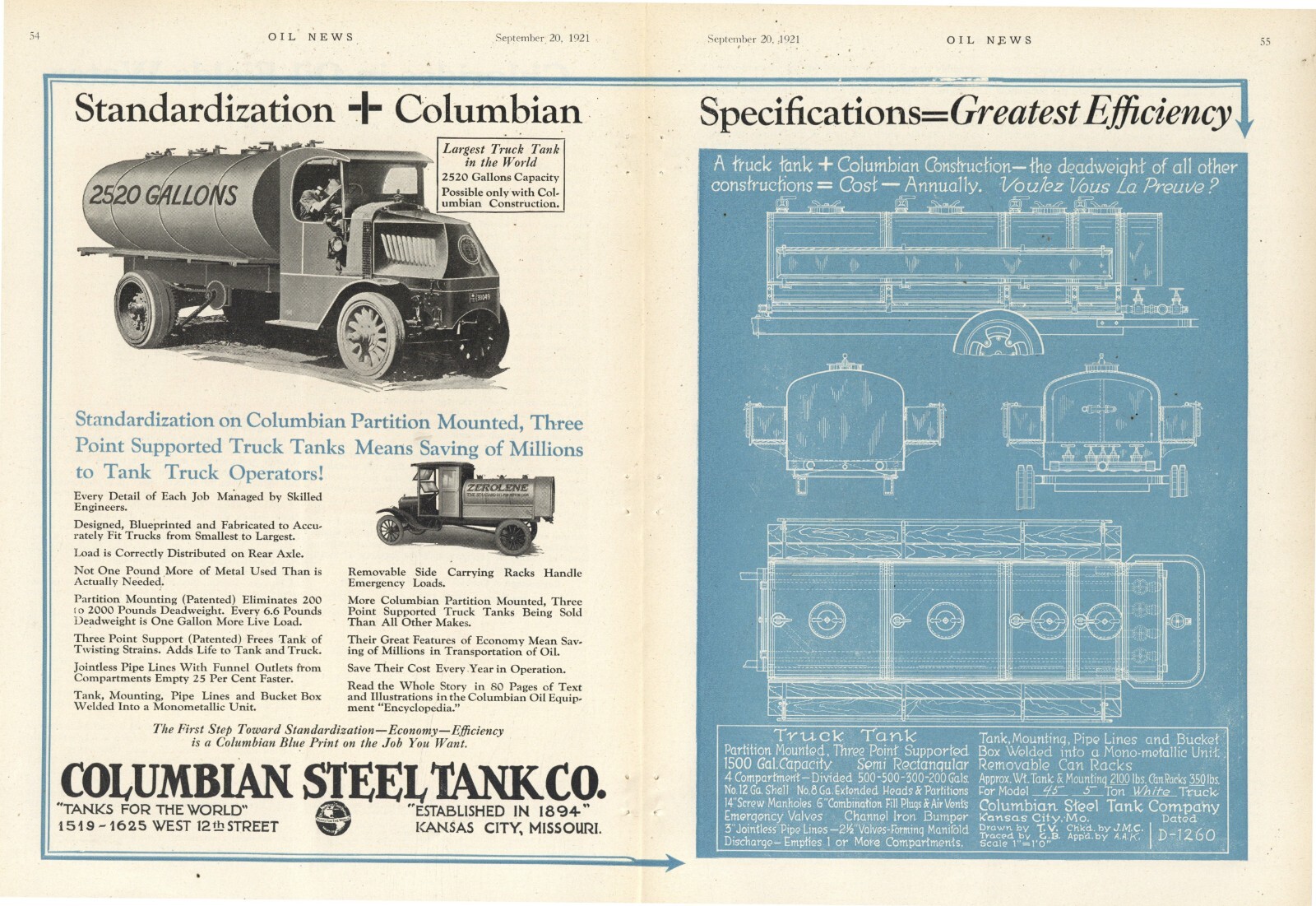 1921 Columbian Steel Tank Co. TRUE CENTERFOLD Print Ad: 2520 Gallon Mack Tanker