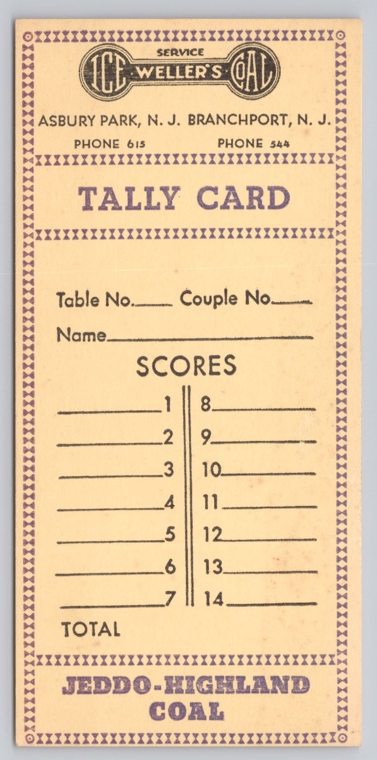 Vintage Weller\'s Ice & Coal Tally Card Asbury Park Branchport NJ Advertising