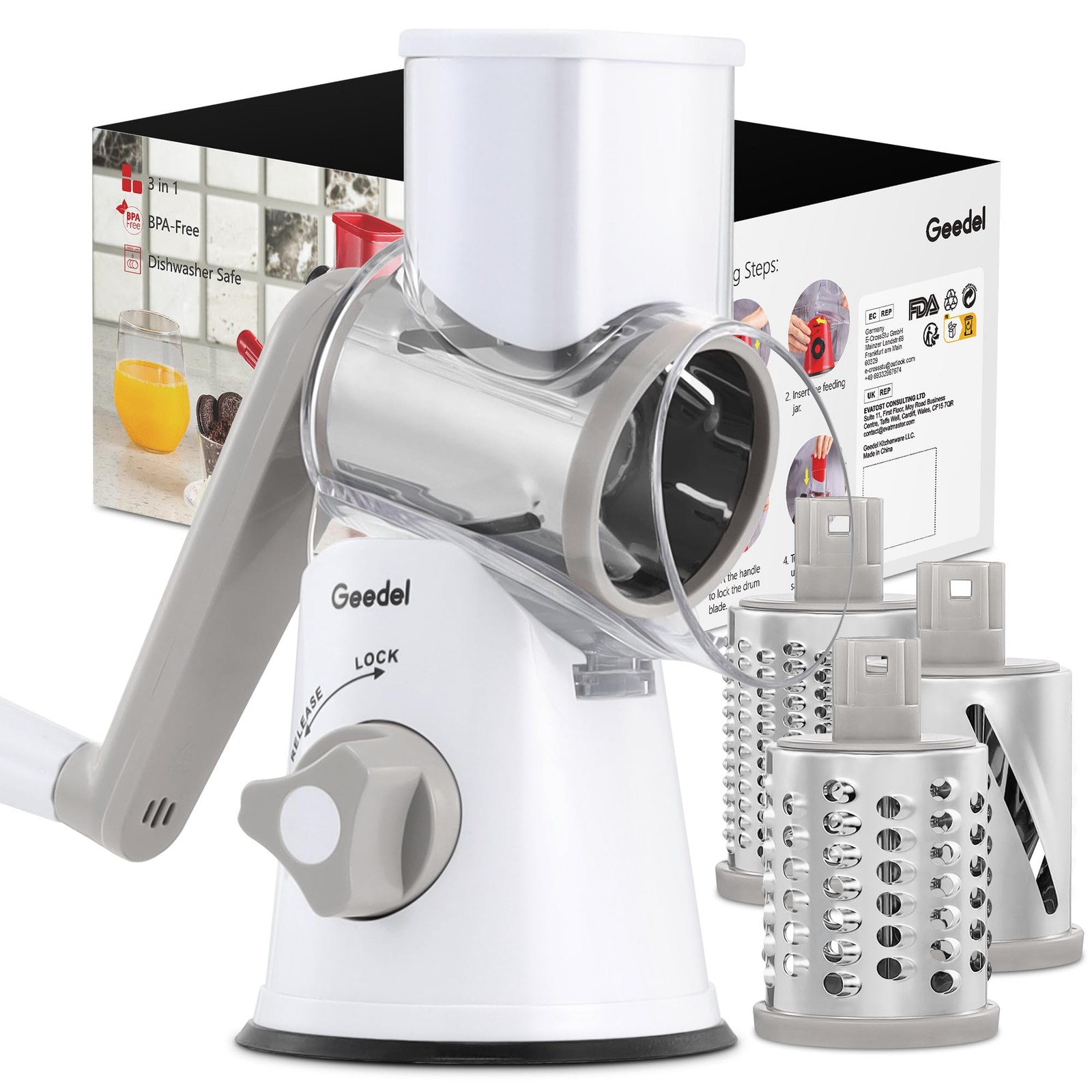 Geedel Rotary Cheese Grater Hand Crank, Cheese Shredder Vegetable Slicer