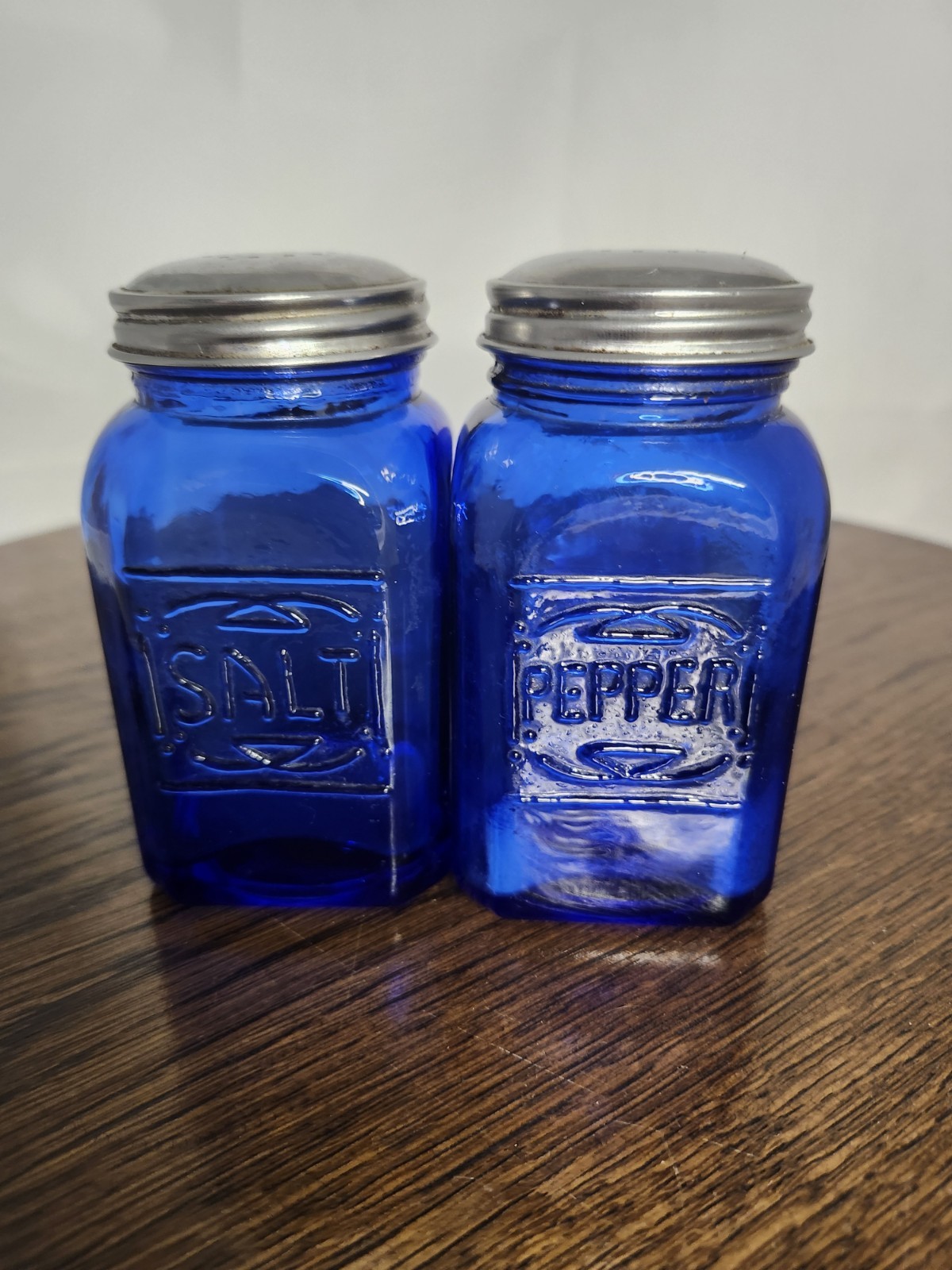 Vintage Cobalt Blue Glass Salt and Pepper Shakers Set Embossed Square Jars