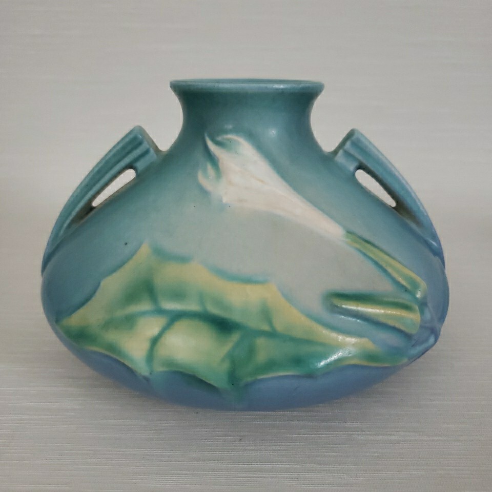 Roseville Art Pottery Thornapple Pottery 808-4 Squat Vase Blue Teal VTG MCM