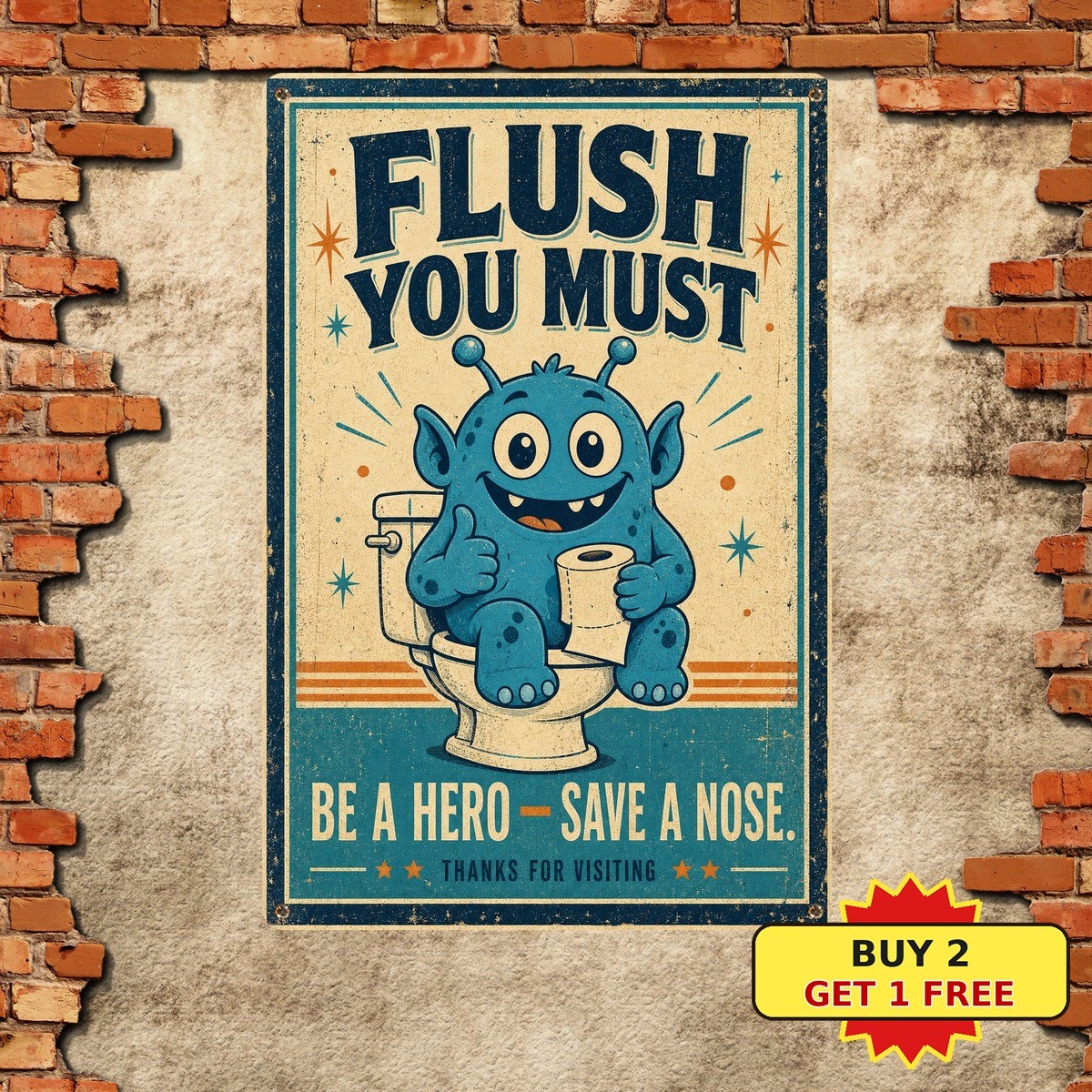 Funny Animated Alien Bathroom Flush Tin Sign Retro Restroom Wall Decor