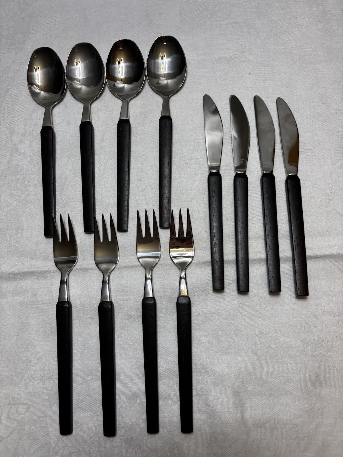 STAINLESS FLATWARE 12 VTG NILS JOHAN SWEDEN DECO  MID CENTURY MODERN WOOD FAUX