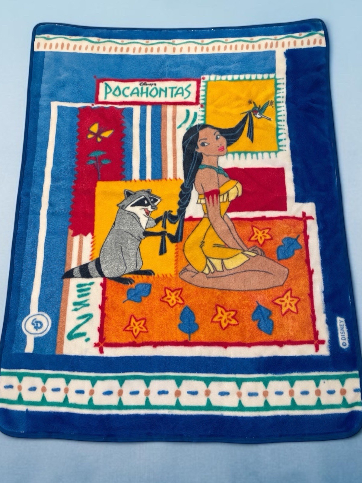 VTG 90s Disneys Pocahontas Meeko Fleece Blanket Kids Colorful Heavy Mint Cond