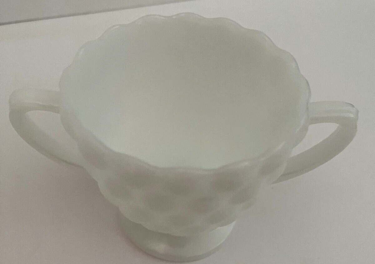 White Milk Glass Hobnail Sugar Bowl Handles Vintage Clean Candy Serving Bowl