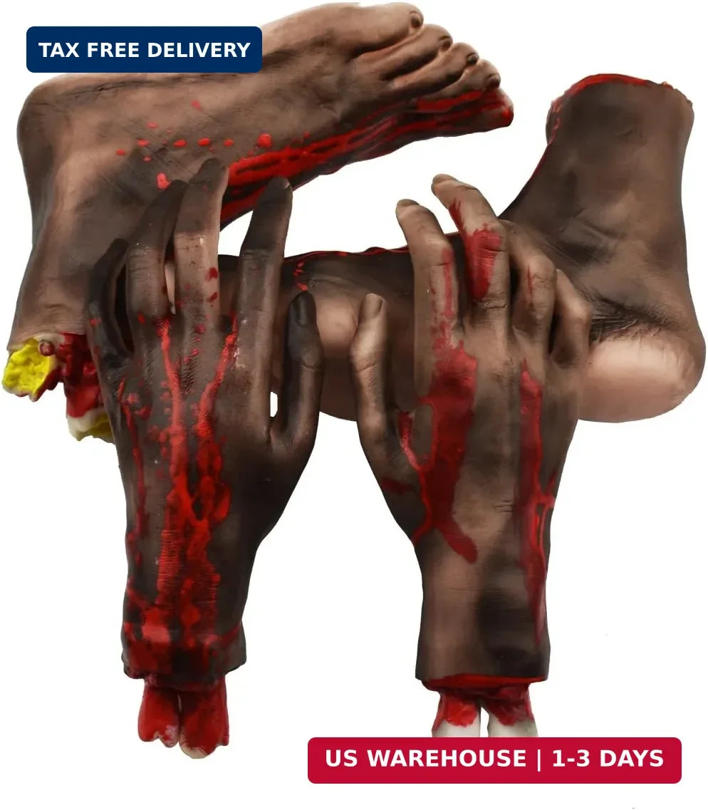 XONOR Halloween Severed Hands Feet Set Scary Bloody Broken Body Parts Halloween