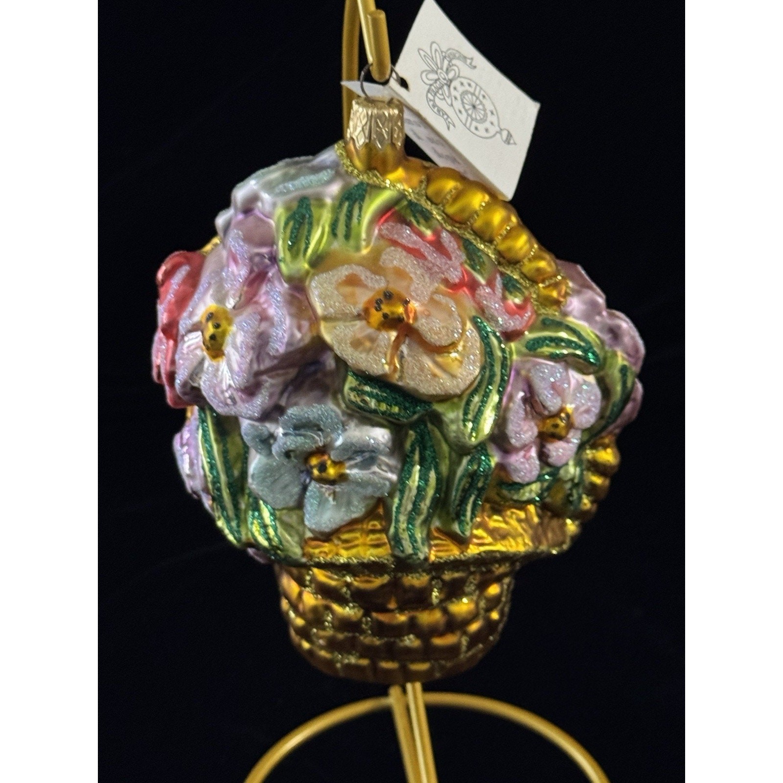 Vintage 90s Larry Fraga Basket Of Flowers Blown Glass Ornament Tag Large Poland