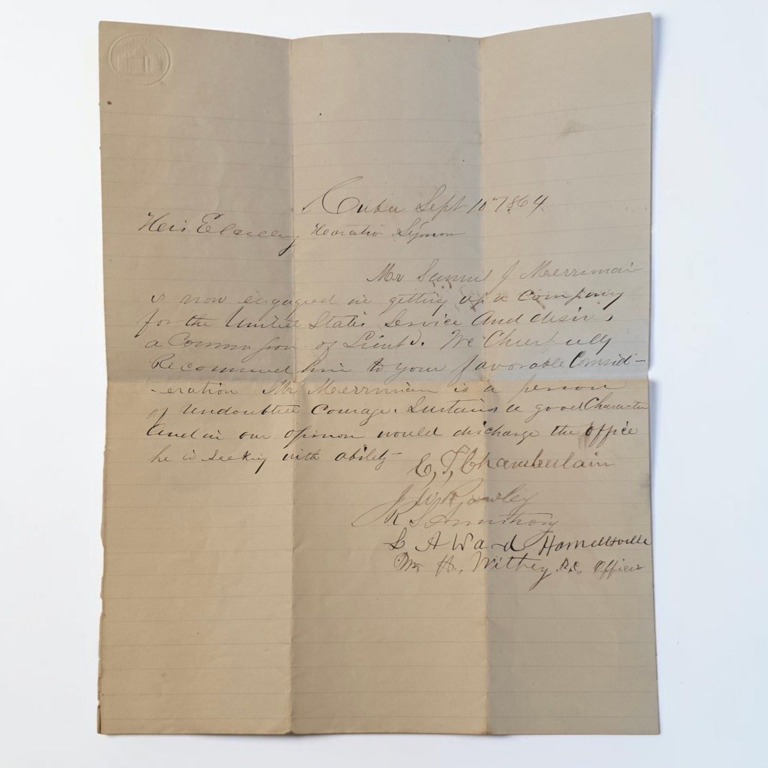 Antique 1864 Civil War Lieut. Recommendation Letter to NY Gov Horatio Seymour