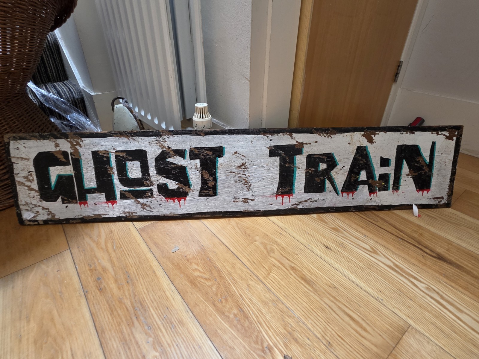 ​Vintage Hand Painted Ghost Train Wooden Sign Fairground Halloween Prop 120cm