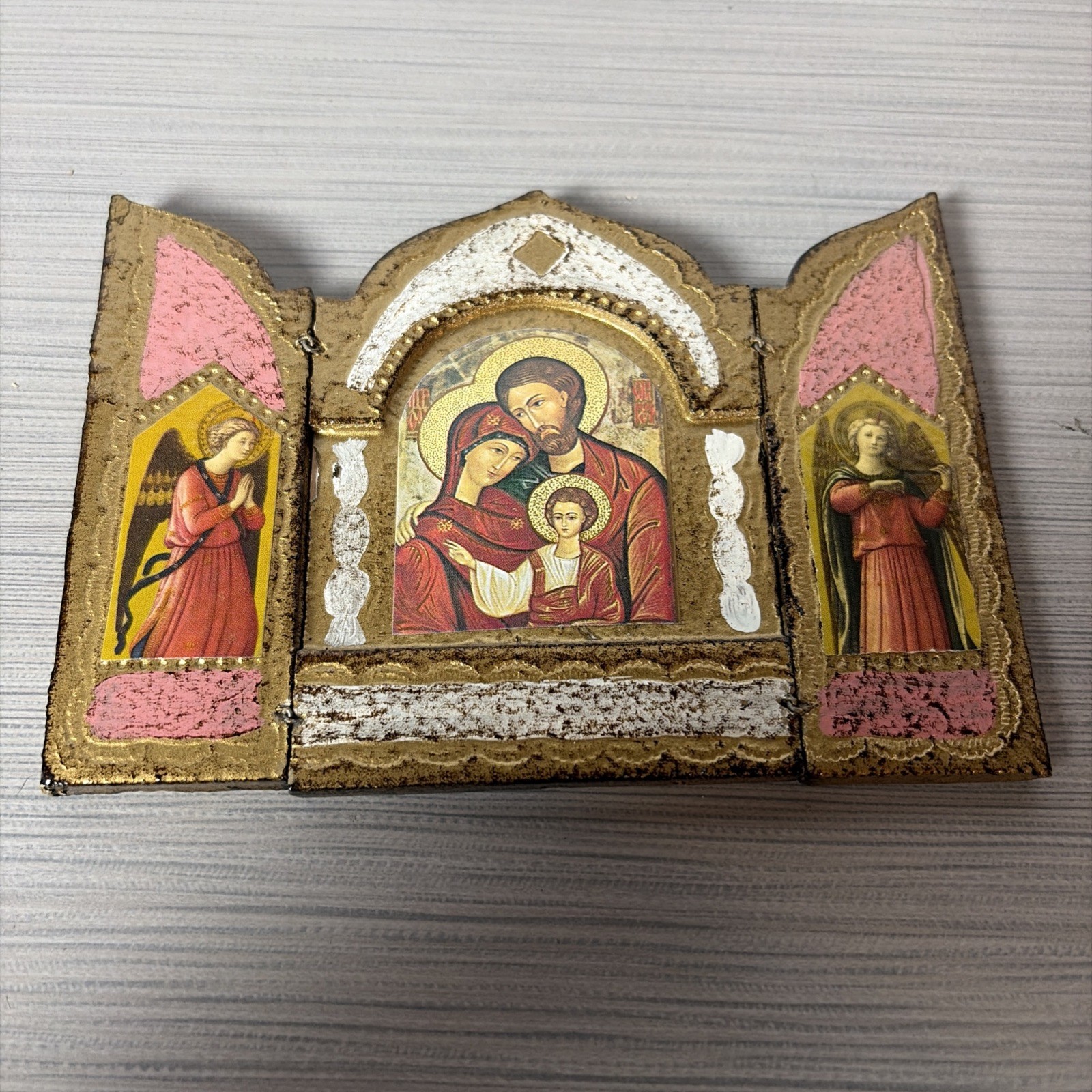 Vtg Italian Florentine Triptych Gold Wood Panel Holy Trinity Jesus Christ 1800s